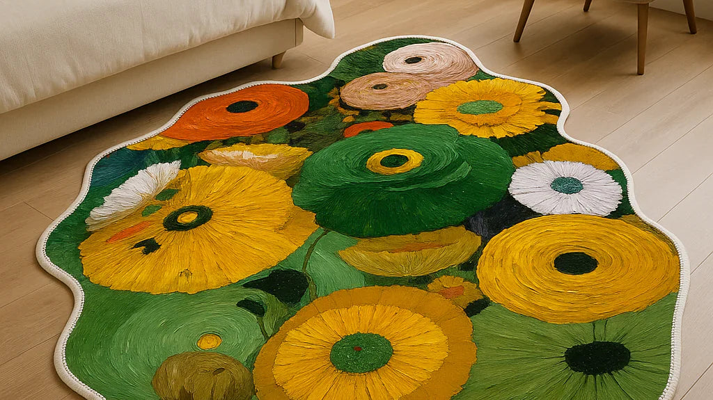 Irregular flower-shaped rug with abstract sunflower-inspired circular patterns in green, yellow, and earthy tones, placed beside a modern bed in a minimalist bedroom