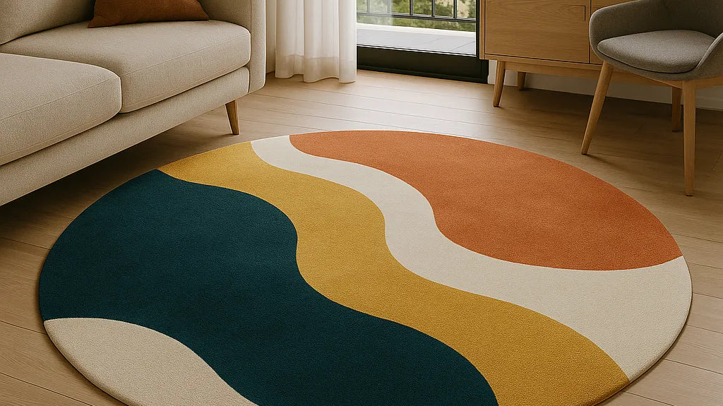 Round modern rug with wavy orange, yellow, and teal patterns in a cozy living room — stylish home decor and unique housewarming gift idea.