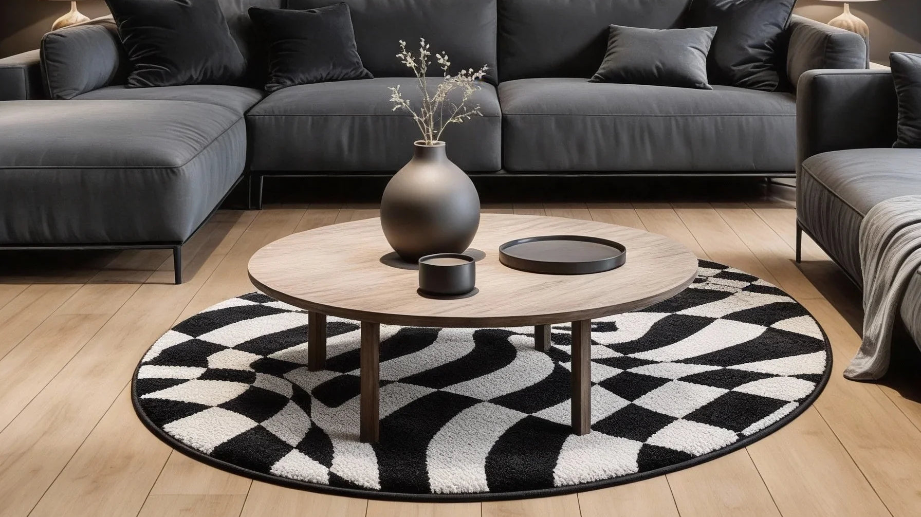 Irregular black and white checkered rug living room