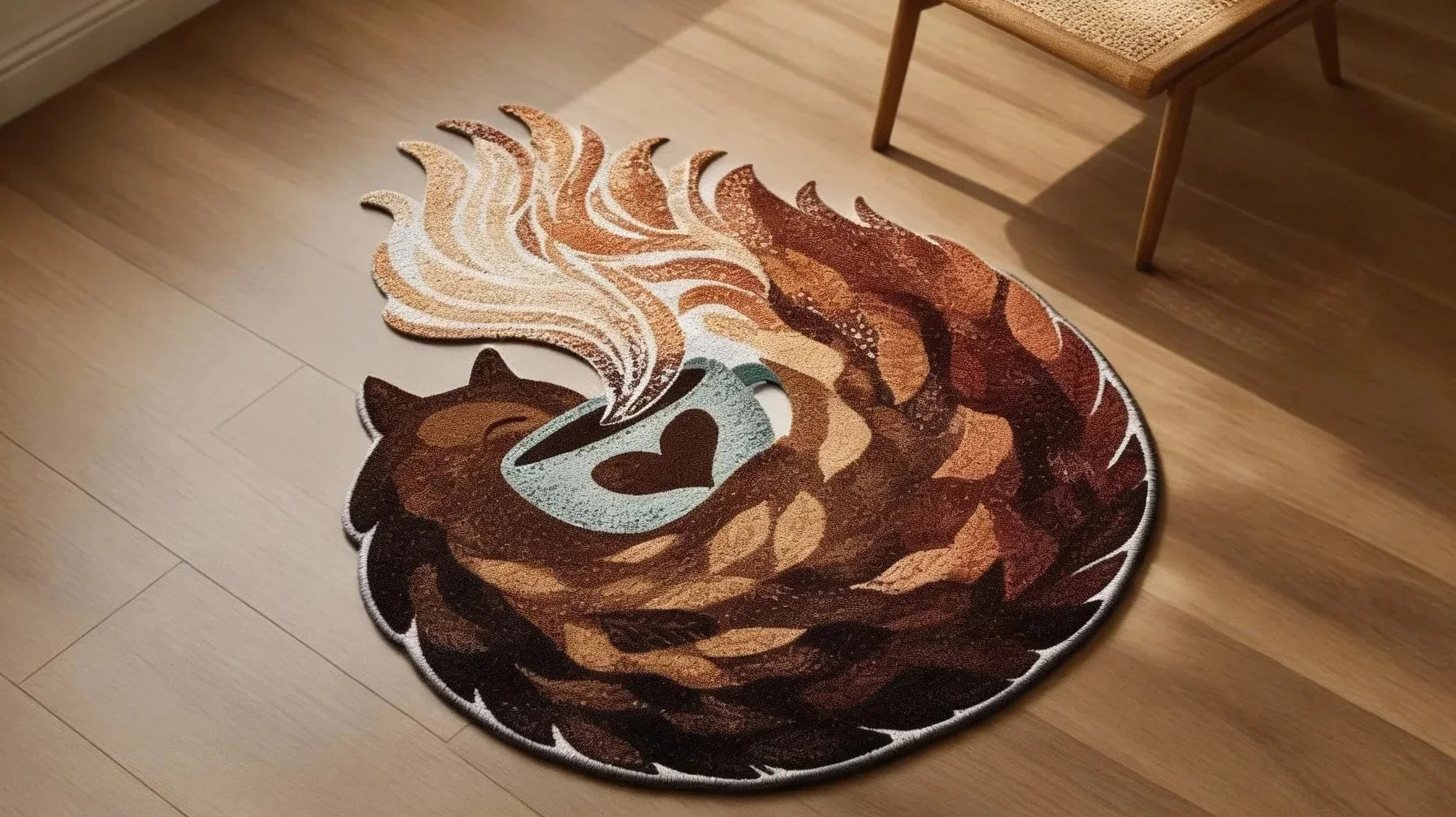Irregular shaped artistic rug in a modern living room, featuring an abstract swirling design in warm brown, beige, and cream tones, placed on a light wood floor beside a wooden chair for a cozy, designer look.
