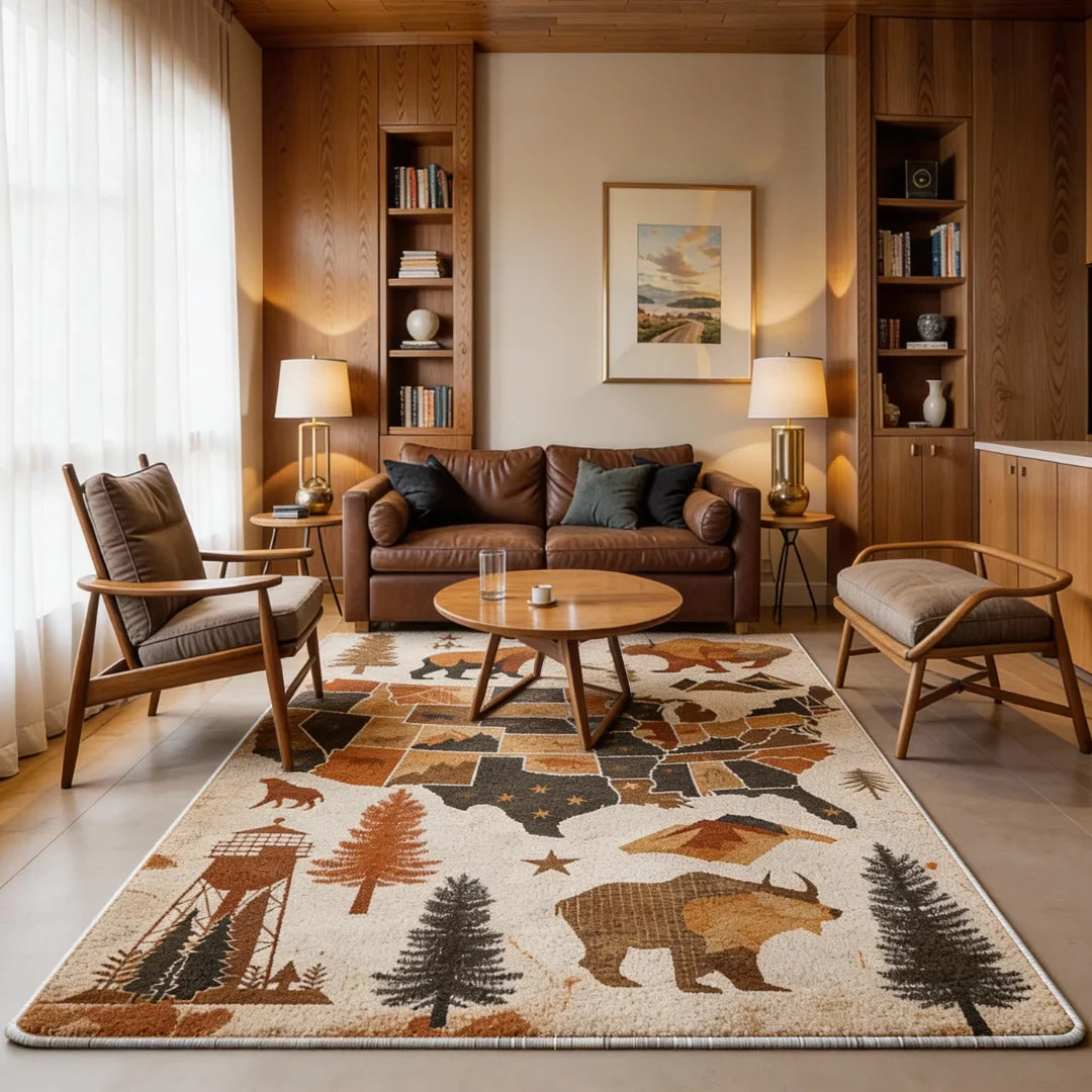 Vintage USA map rug placed in a warm living room with wood furniture and neutral tones