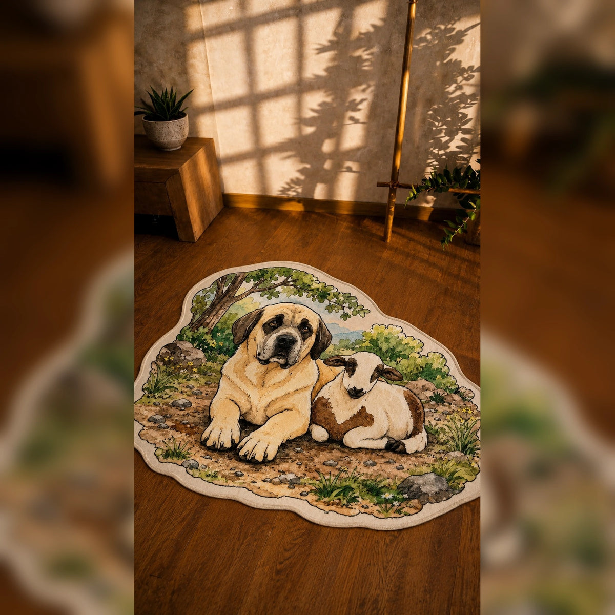 Guardian's Companion Dog and Lamb Shaped Rug displayed on a warm hardwood floor in a cozy sunlit room