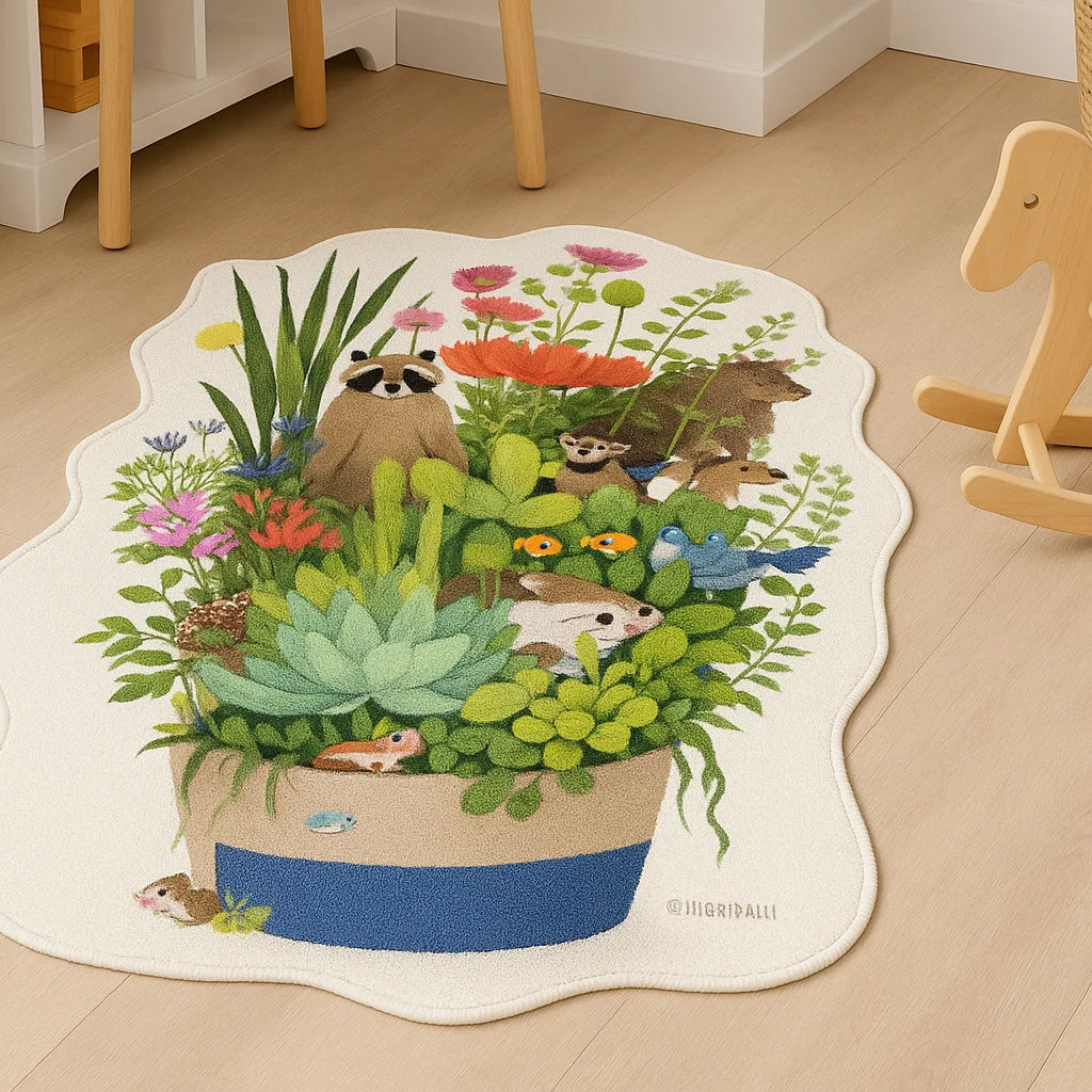 Animal garden kids rug with cute forest animals and flowers, soft faux cashmere texture, wavy edges, anti-slip backing, perfect for nursery or playroom.