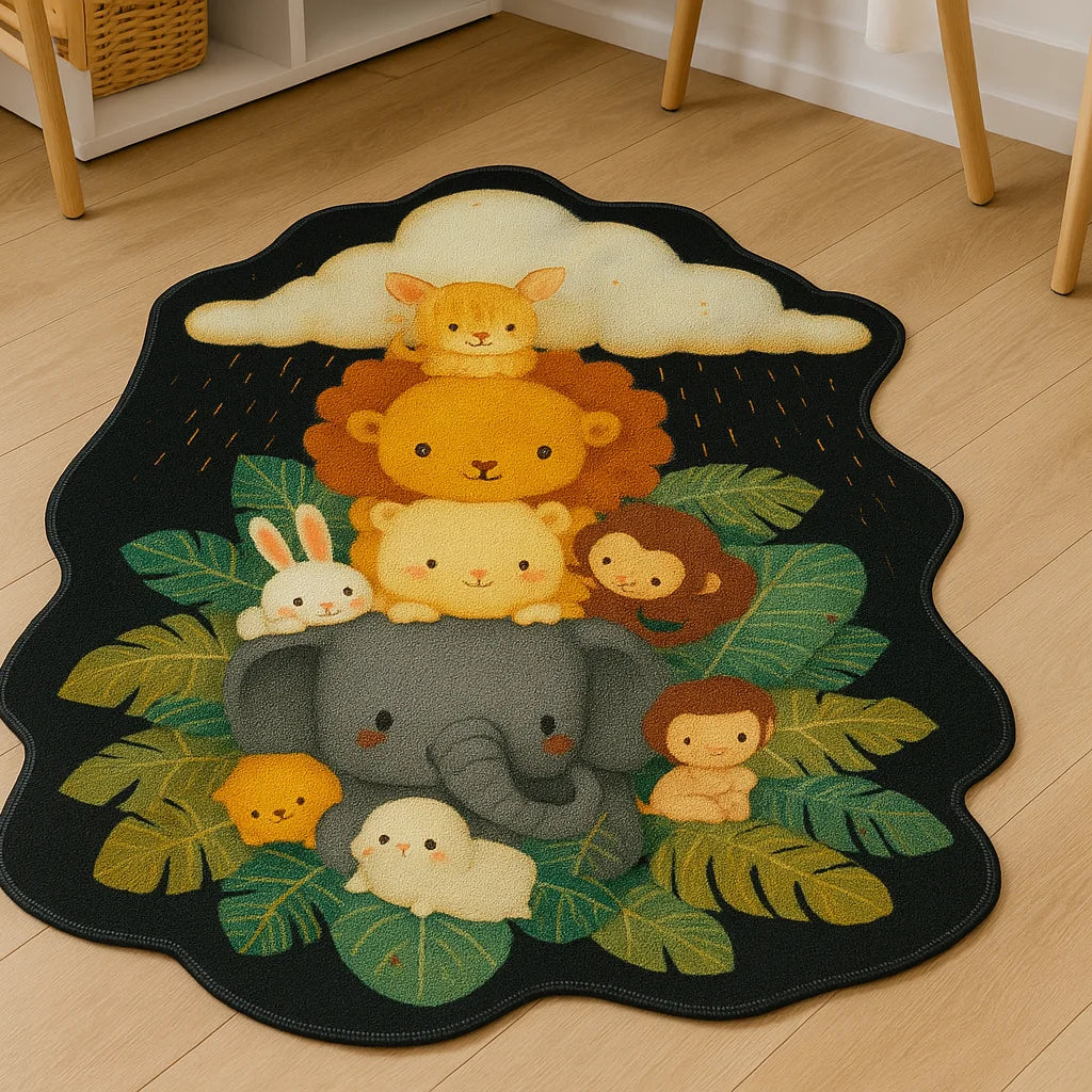 Jungle animal kids rug with cute elephant, lion, and monkey design, soft faux cashmere texture, wavy edges, anti-slip backing, perfect for nursery or playroom.