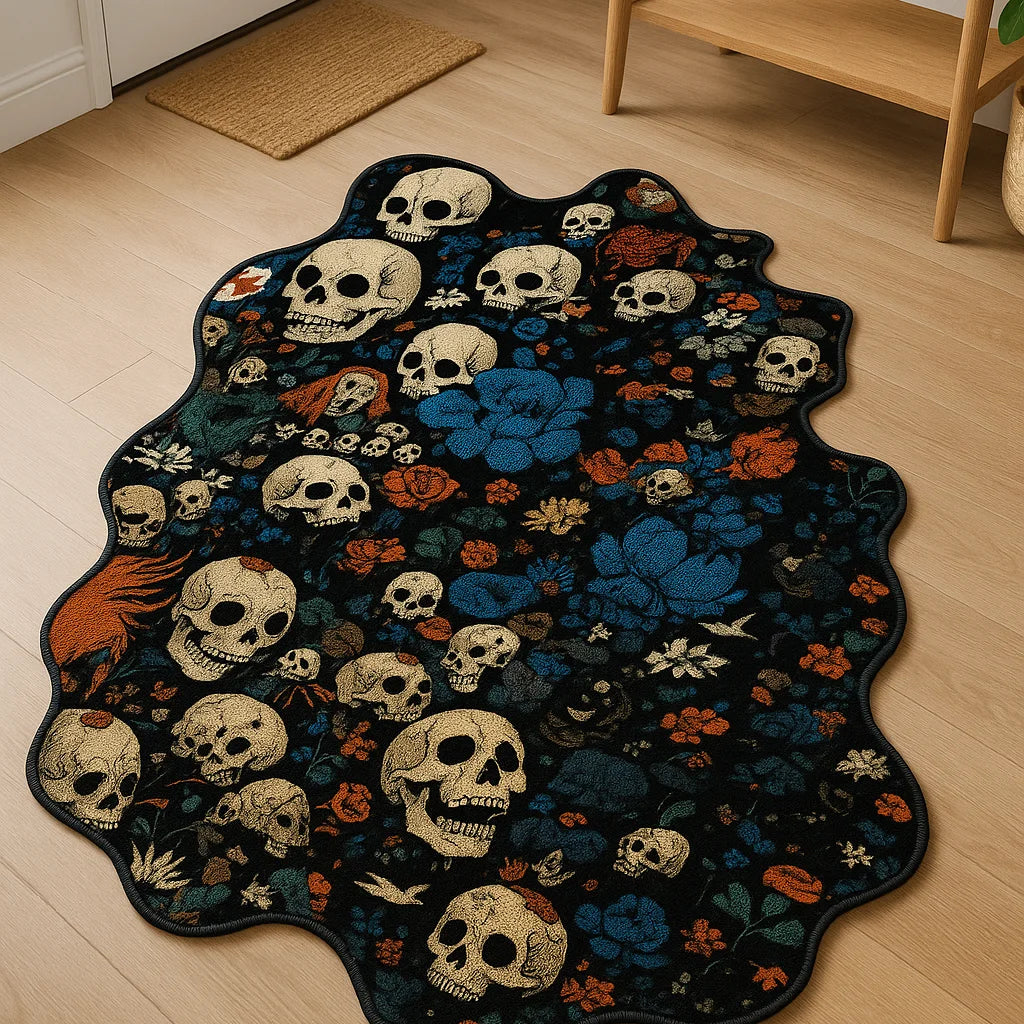 Black irregular rug with skull and floral design, soft faux cashmere texture, anti-slip backing, perfect for gothic or Halloween-themed home decor.