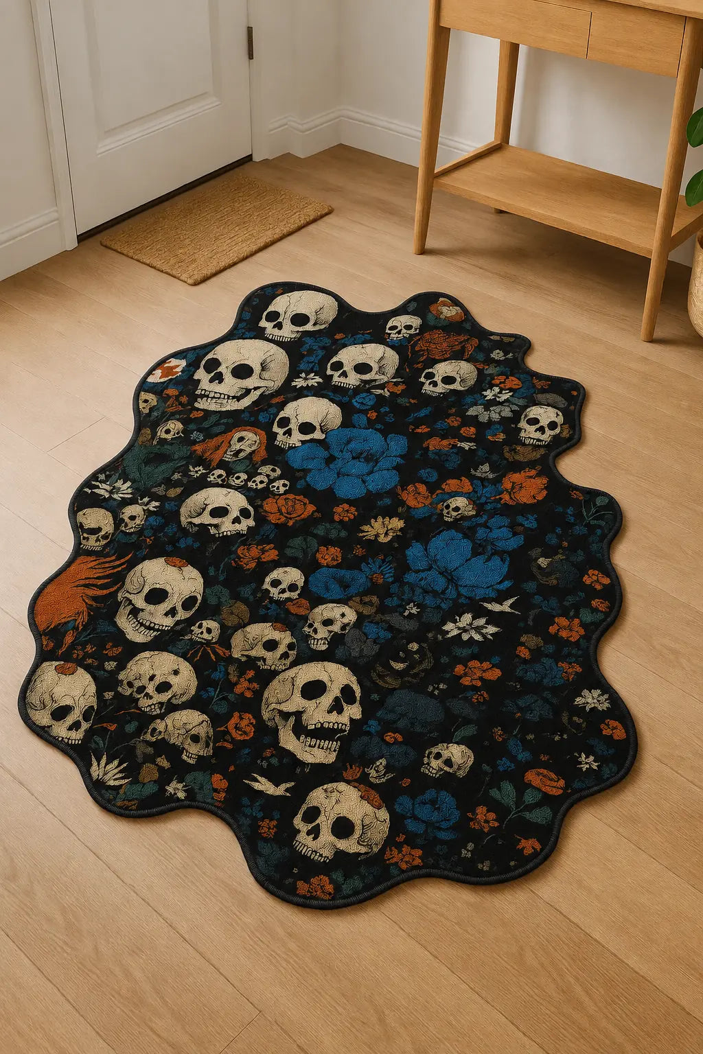 Irregular Day of the Dead skull and floral rug in an entryway