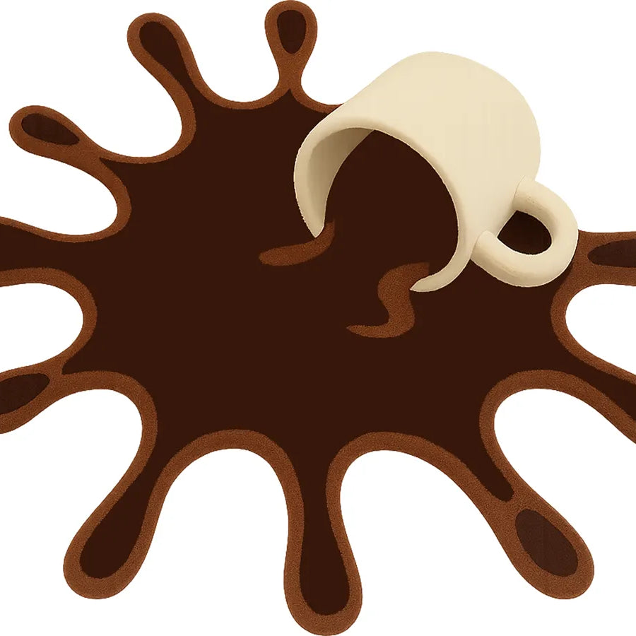spilled coffee rug design with beige cup and dark brown splash shape