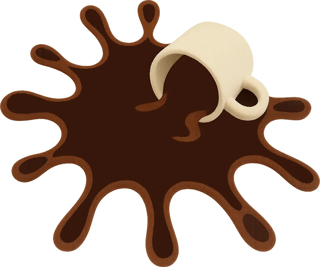 spilled coffee rug design with beige cup and dark brown splash shape