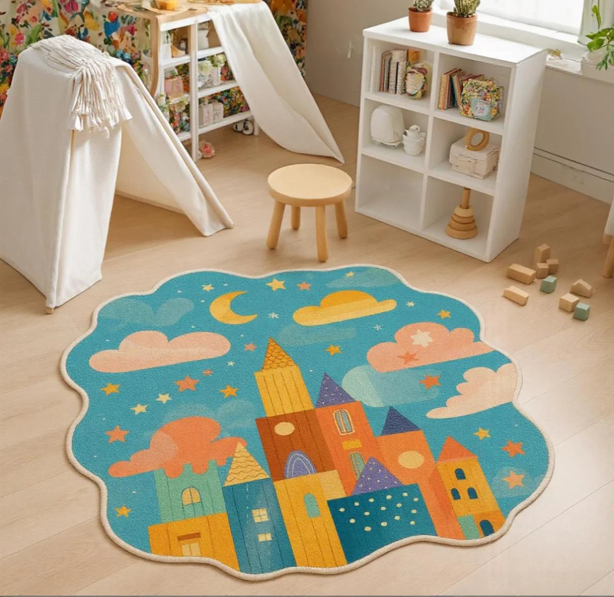 Irregular kids play rug with colorful castle, clouds, stars, and moon design, soft faux cashmere texture, anti-slip backing, placed in a cozy playroom.