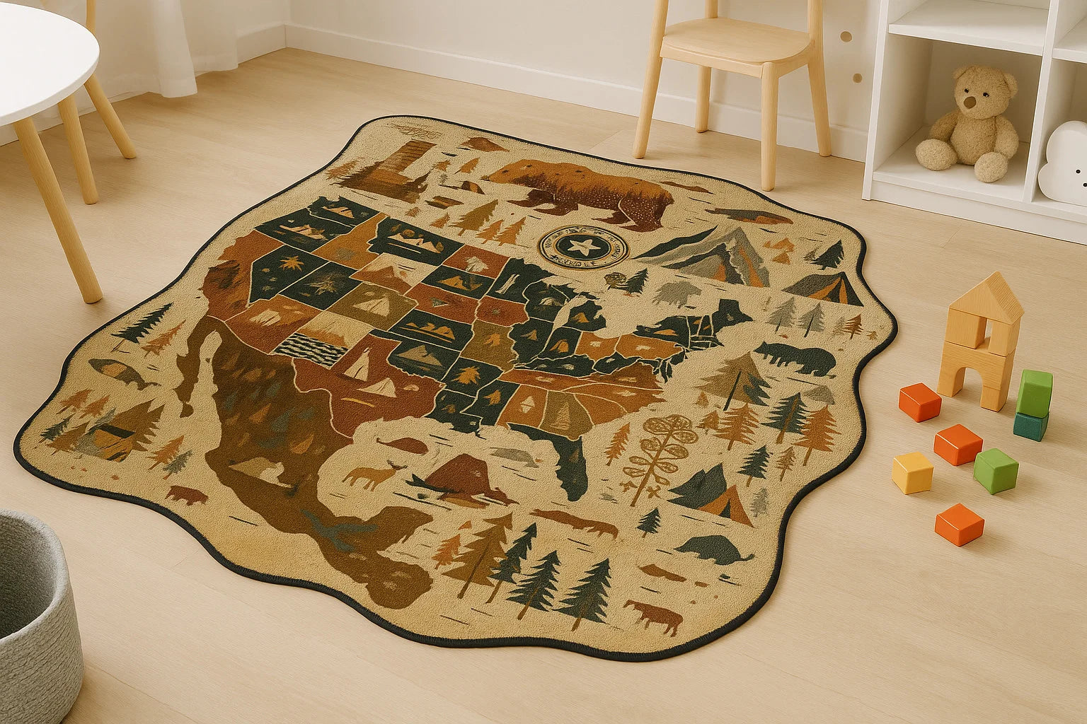 Kids USA map rug with soft faux cashmere texture, educational and nature-themed design, anti-slip backing, placed in a playroom.