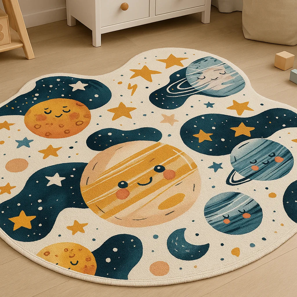 Kids space rug with cute planets and stars, soft faux cashmere texture, wavy edges, anti-slip backing, perfect for playroom or nursery.