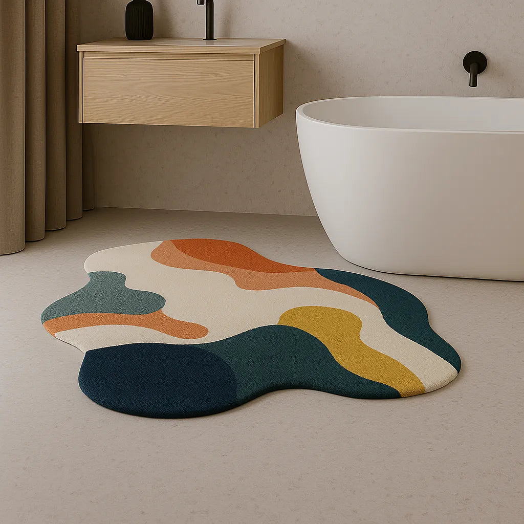 Irregular-shaped color flow rugs for bathroom