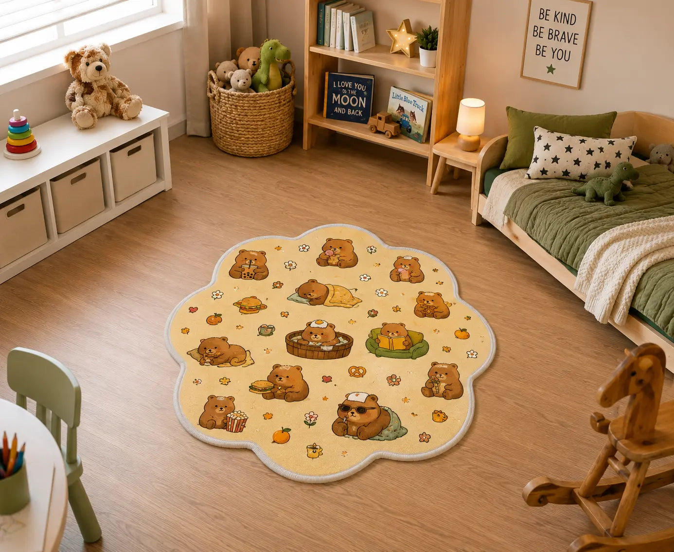 Cute capybara-shaped faux cashmere rug with scalloped edges and fine white stitched binding placed in a cozy American kidsβ bedroom, featuring soft beige tones, cartoon capybara illustrations, and warm wooden decor.