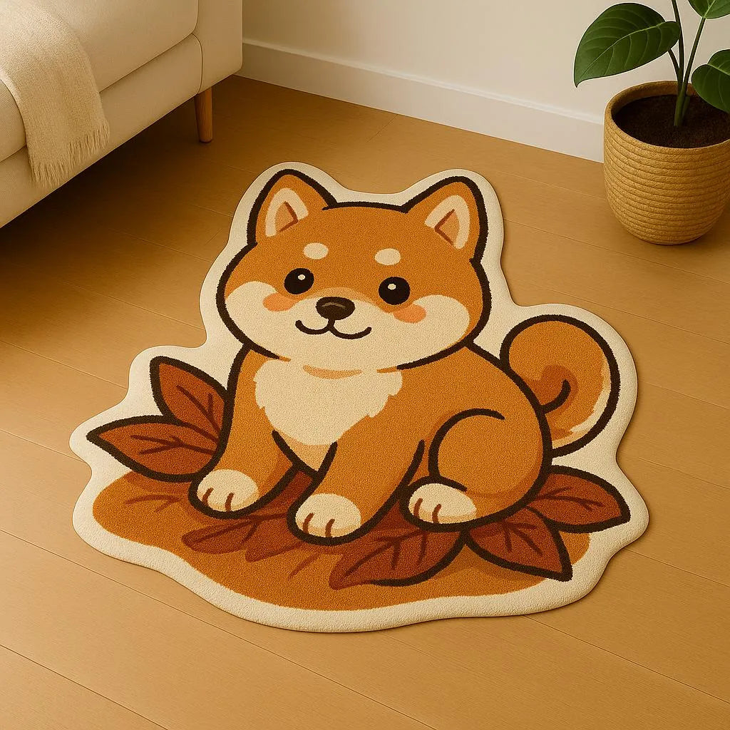 Irregular-shaped shiba pup leafy rug