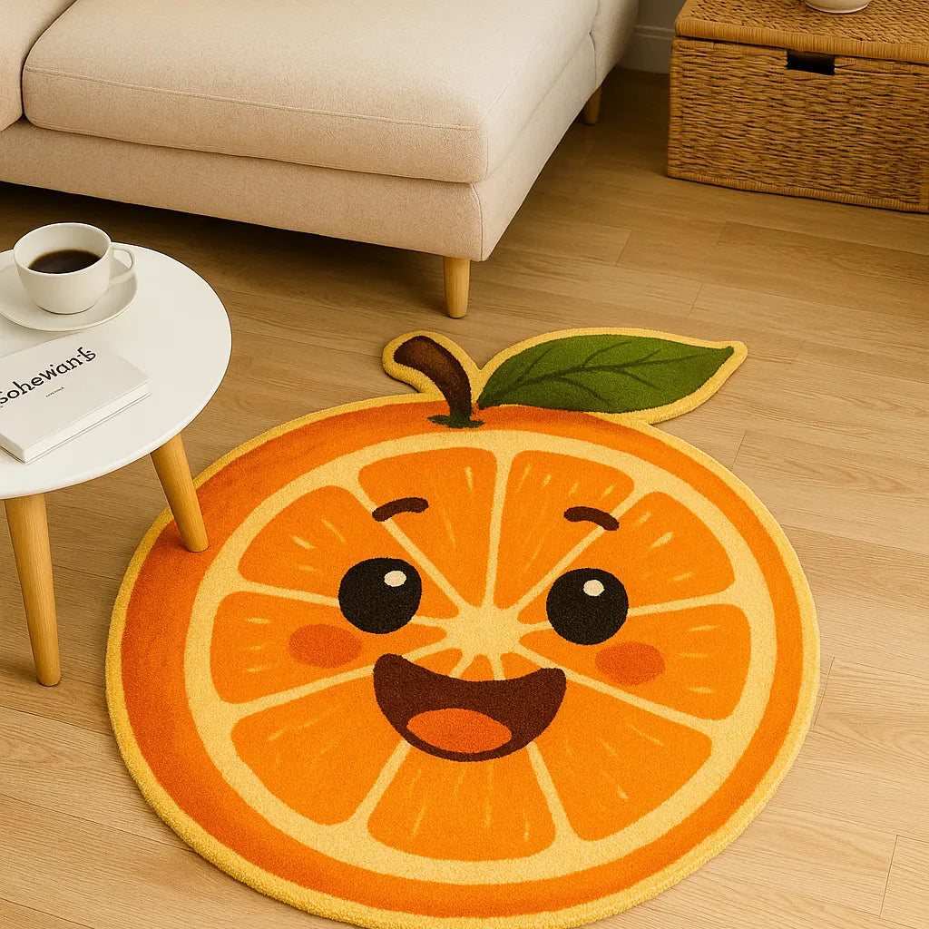 Cute orange slice shaped kids rug with smiling face – A Print Nest