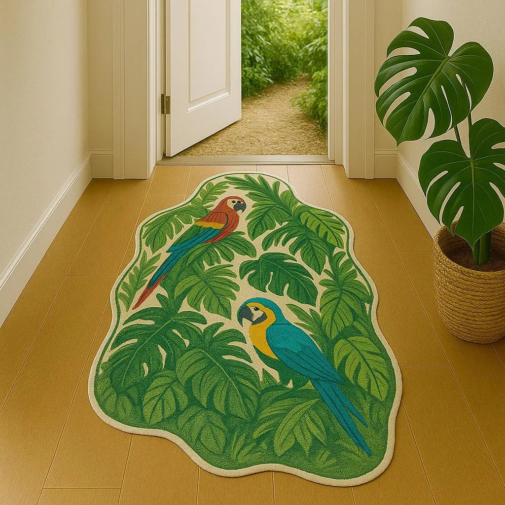 Irregular-shaped tropical duo parrot rug