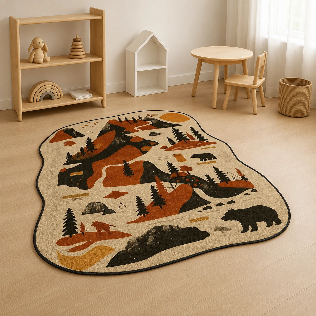 Woodland kids rug with bear and forest design, soft faux cashmere texture, warm earthy tones, anti-slip backing, placed in a nursery.