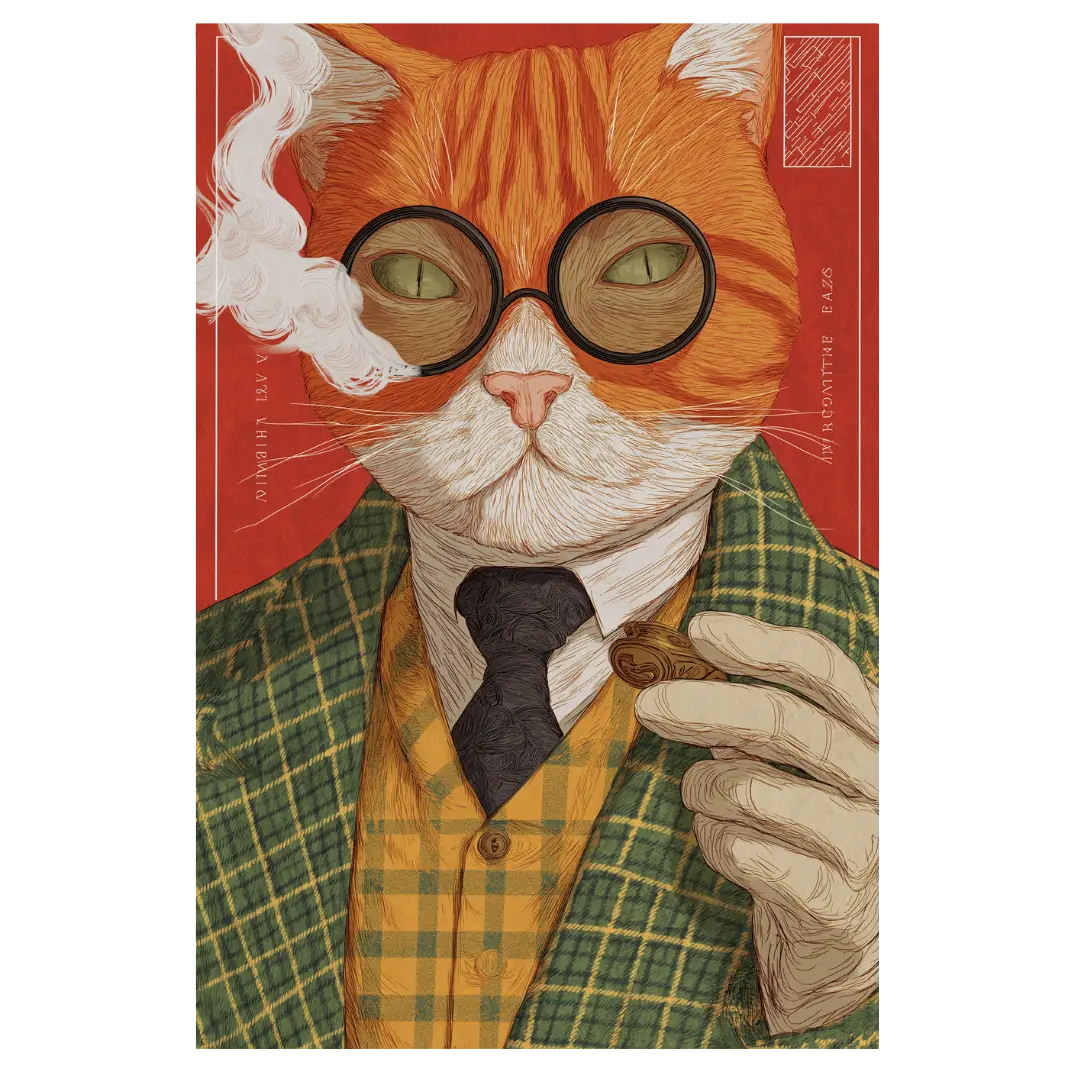 Illustration of a cat wearing glasses, a jacket, and holding a pipe on a red background.