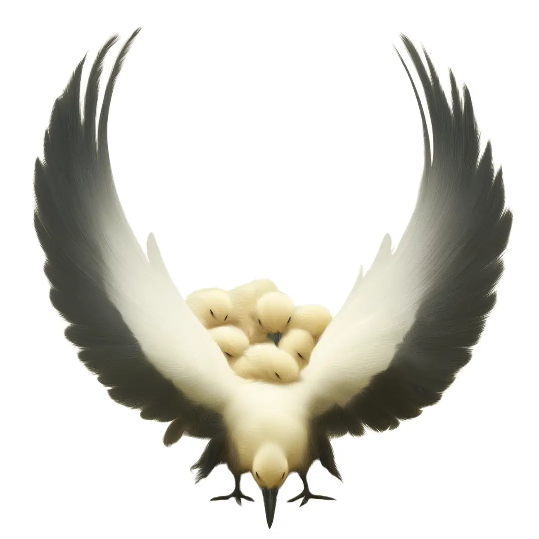White bird with open wings carrying eggs on a white background