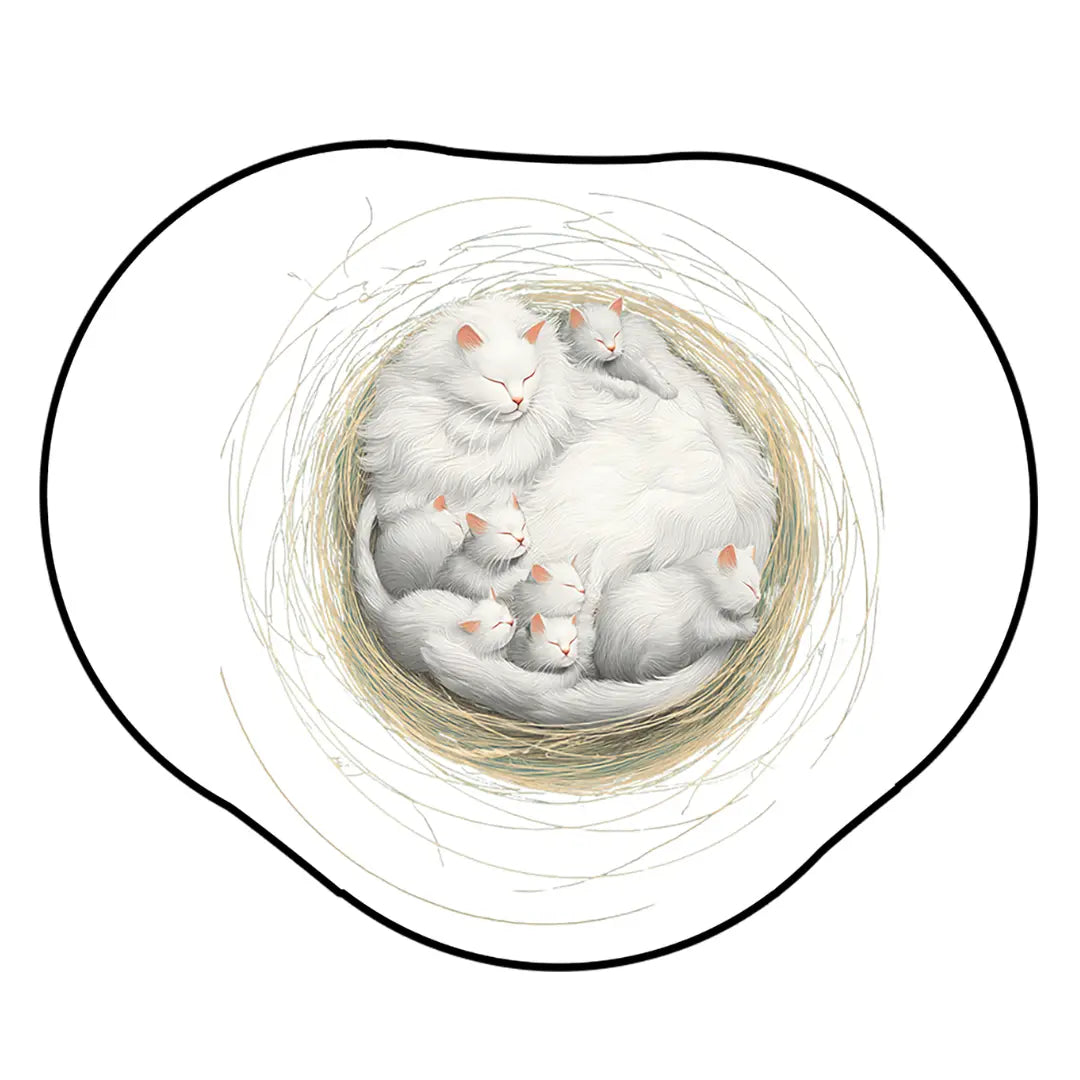 Illustration of a mother cat with her kittens in a circular pattern