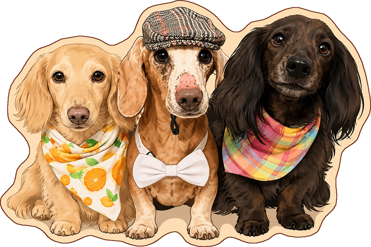 Walter, Sanibel & Friends Dachshund Trio Shaped Rug featuring three adorable dachshunds with colorful bandanas and a flat cap
