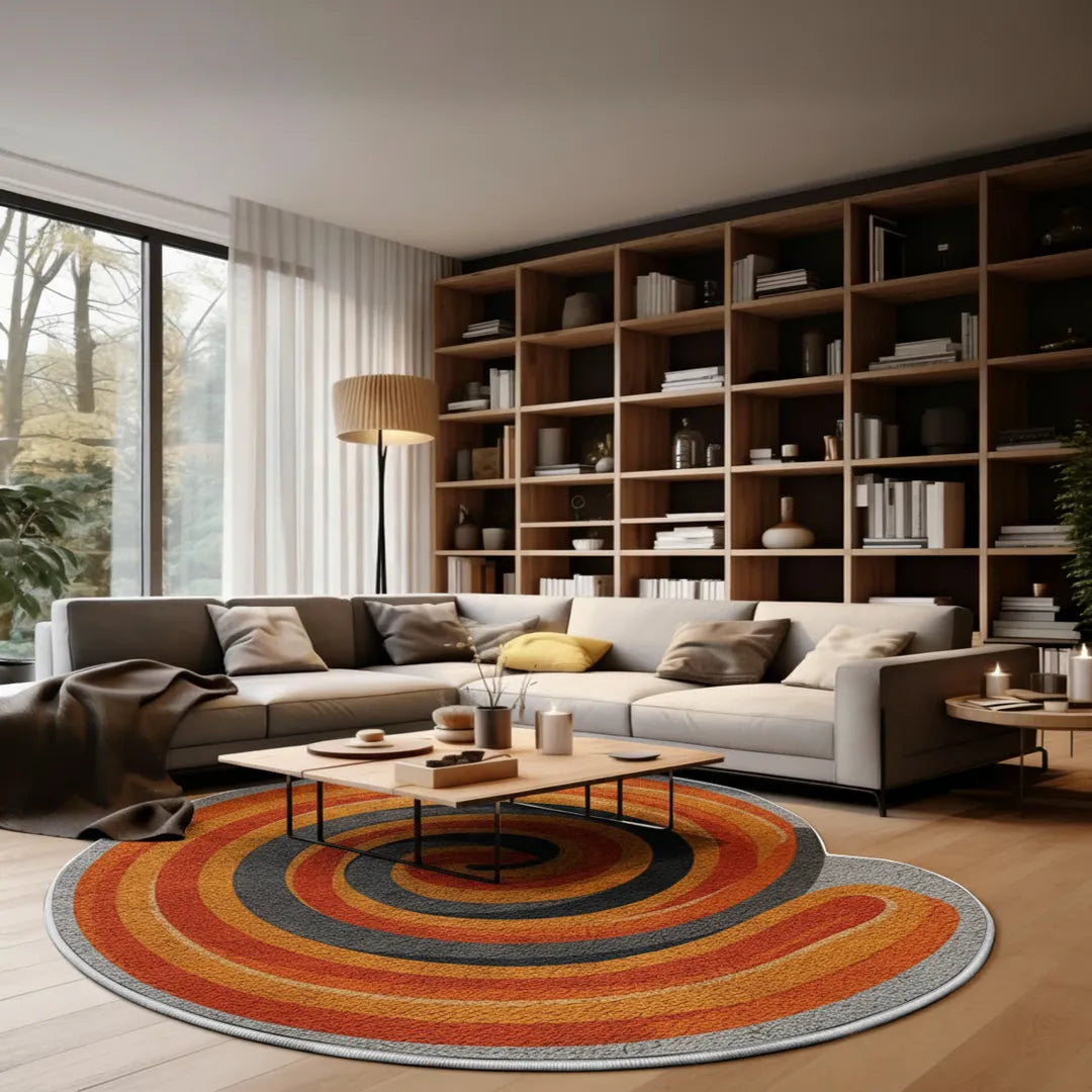 Abstract spiral rug in warm orange and charcoal tones placed in a modern living room with neutral furniture
