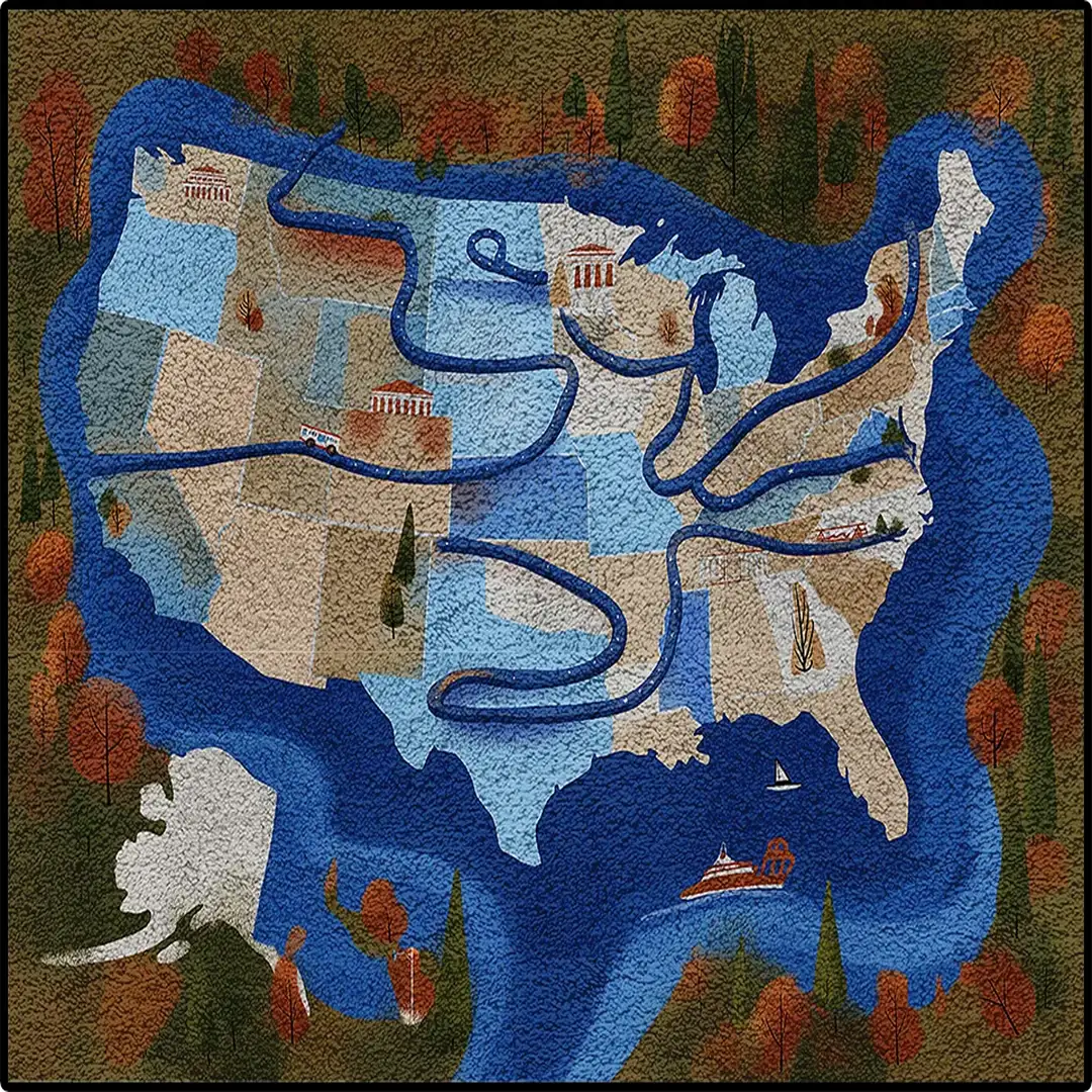 A Distance Kept illustrated map rug showing winding routes and scenic details in muted blue and earth tones
