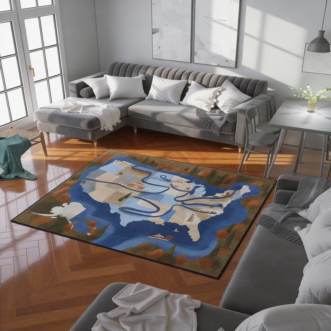 A Distance Kept map-inspired rug placed on a living room floor beneath a sectional sofa in natural light