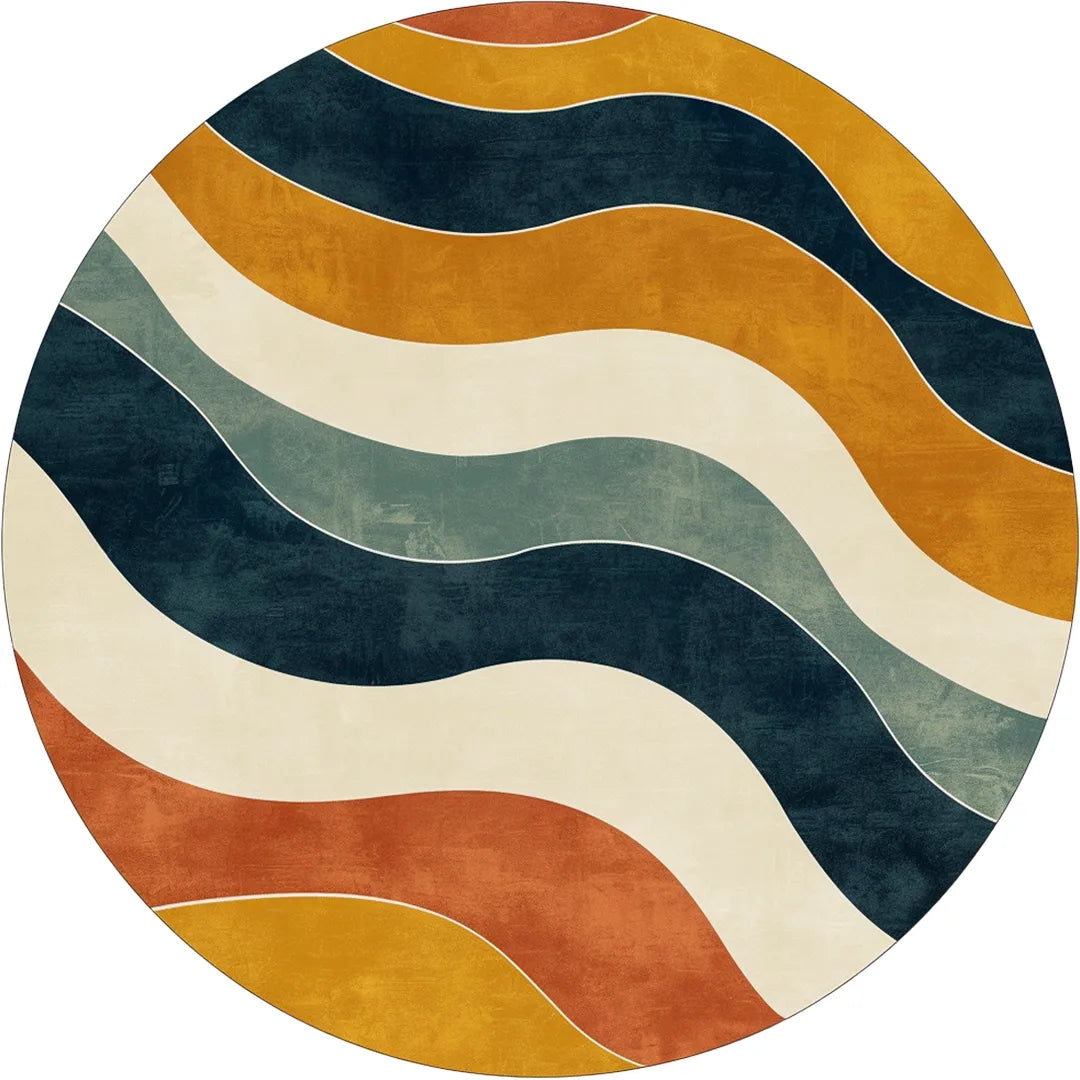 Abstract round rug design with flowing teal, mustard, rust and cream waves, print-ready PNG artwork for faux cashmere rug.