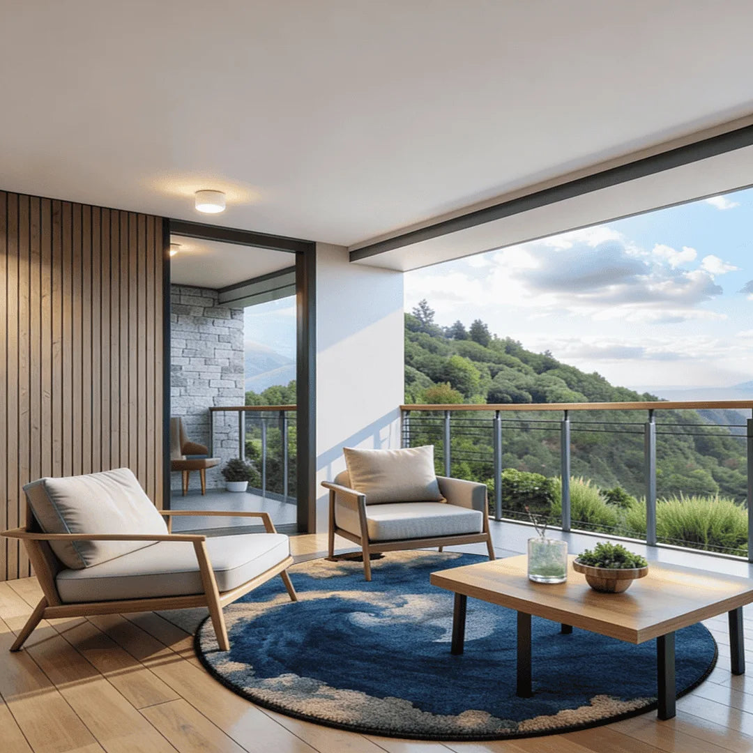 Irregular deep blue ocean wave rug balcony nook