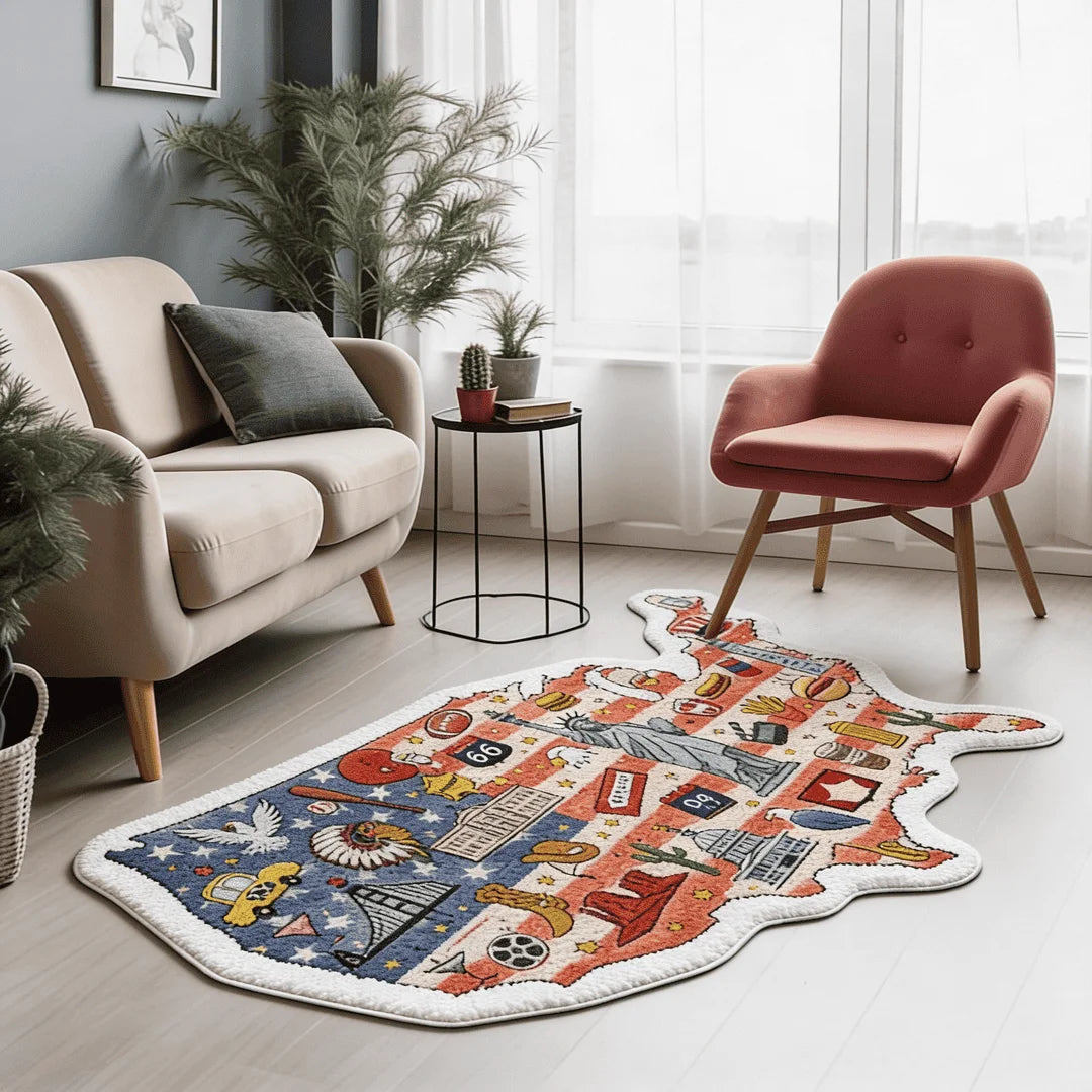 Irregular illustrated USA map rug living room