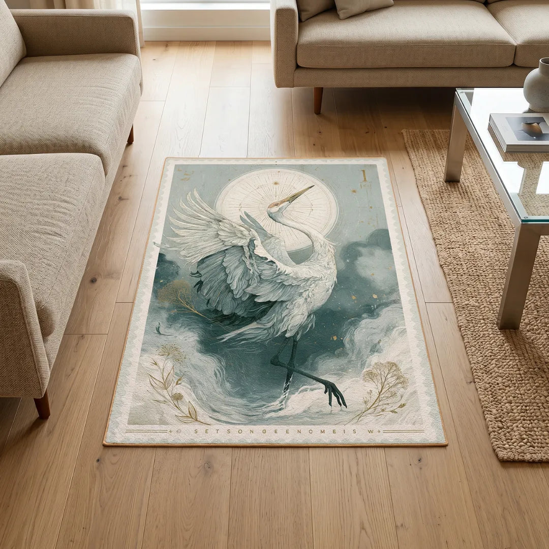 Stamp inspired rug living room