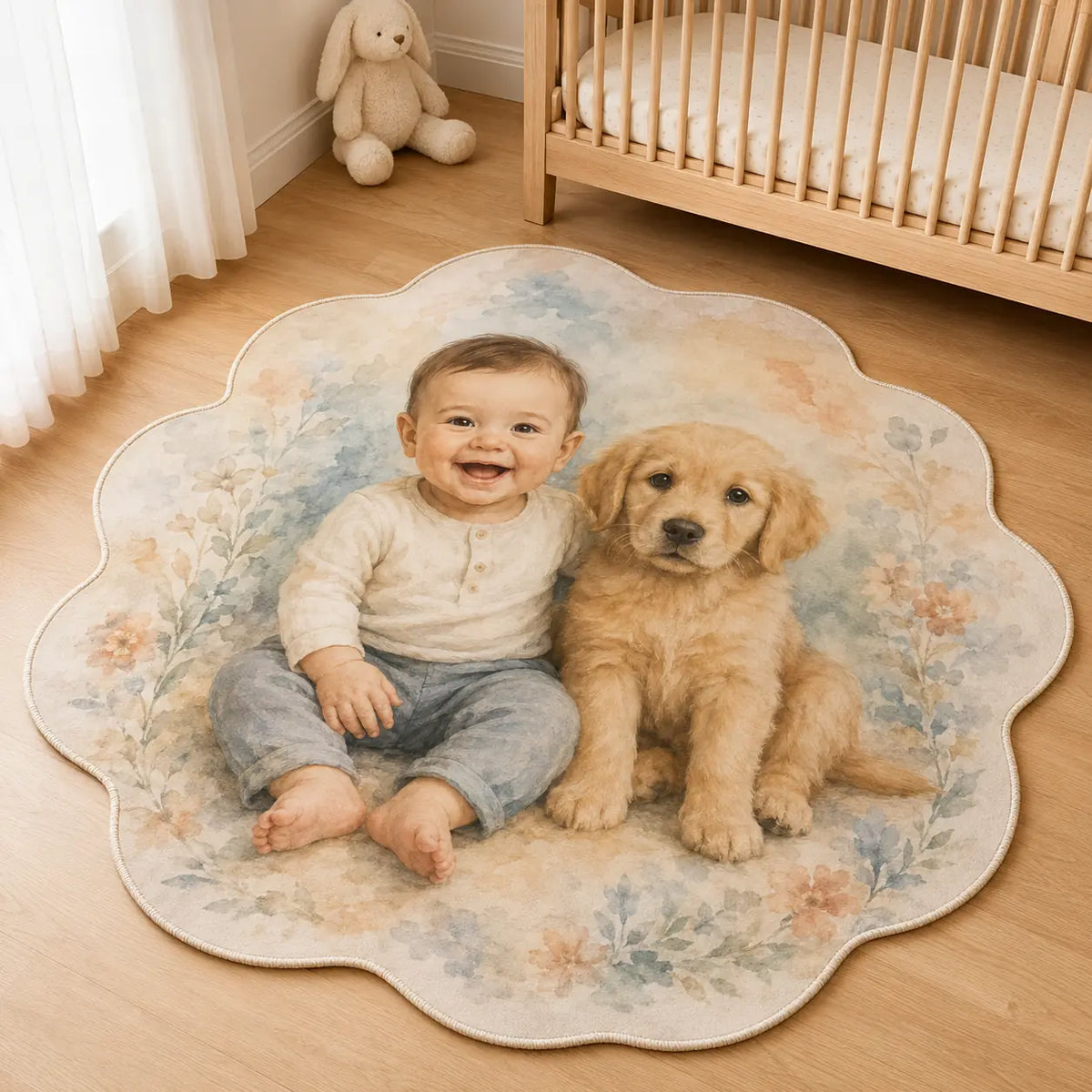 Custom baby and pet portrait rug featuring a smiling baby and golden retriever puppy in a warm nursery