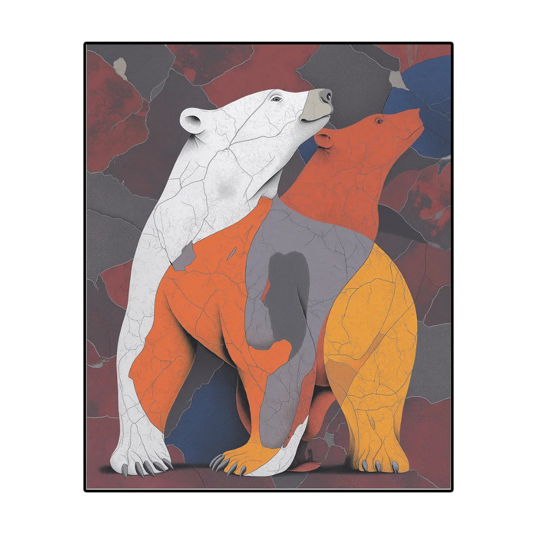 Bear illustration rug featuring abstract bear figures in earthy orange, gray, and cream tones