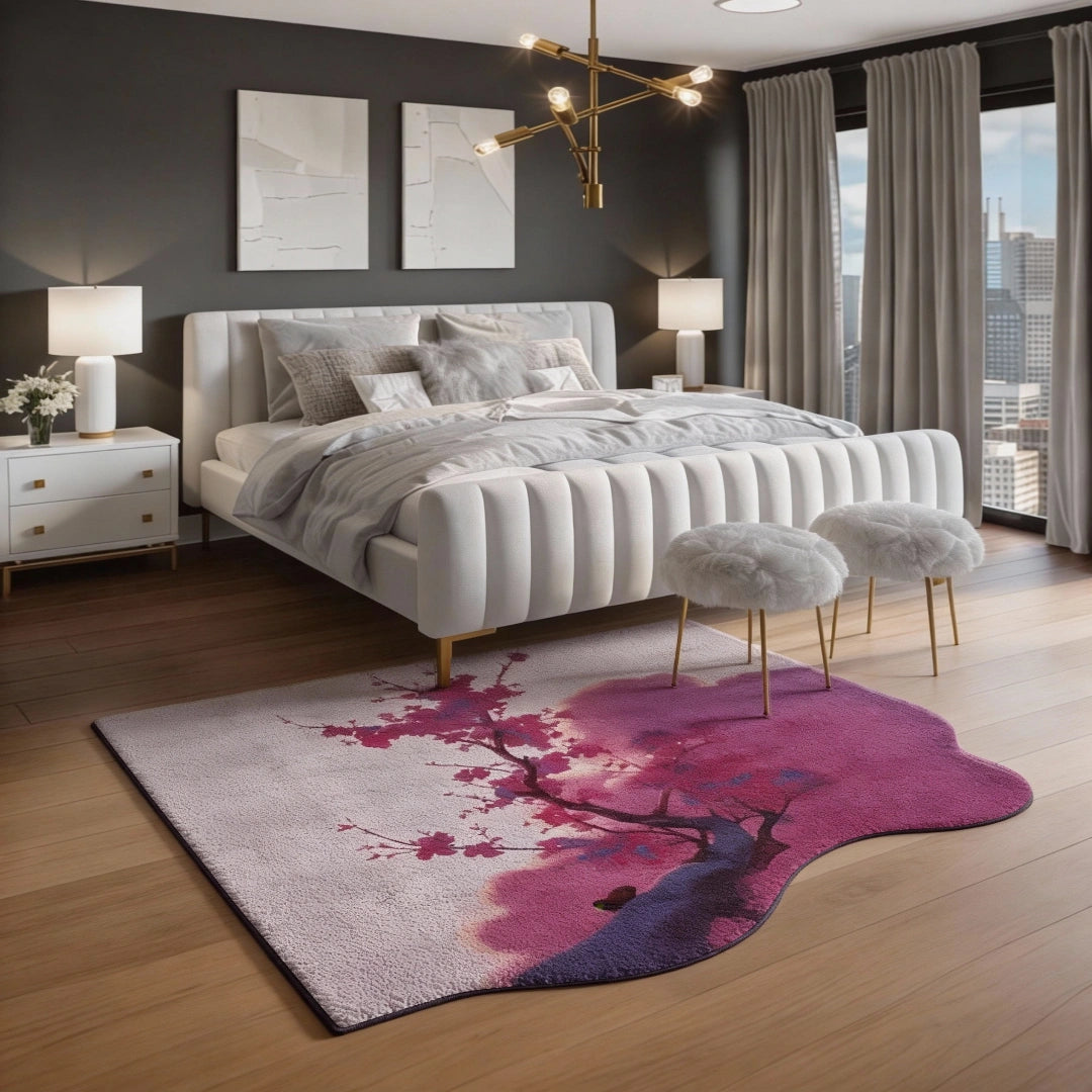 Blush rug with soft pink cherry blossom design placed beside a modern bed in a calm bedroom setting