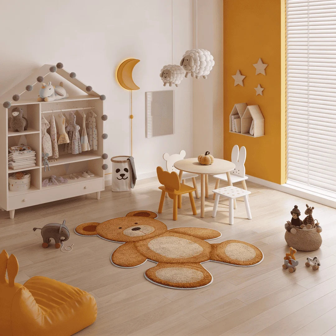 Brown teddy bear shaped rug placed in a cozy kids’ room with playful furniture and soft decor