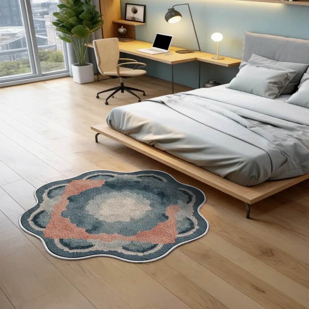 Irregular Persian-style pink rug bedroom