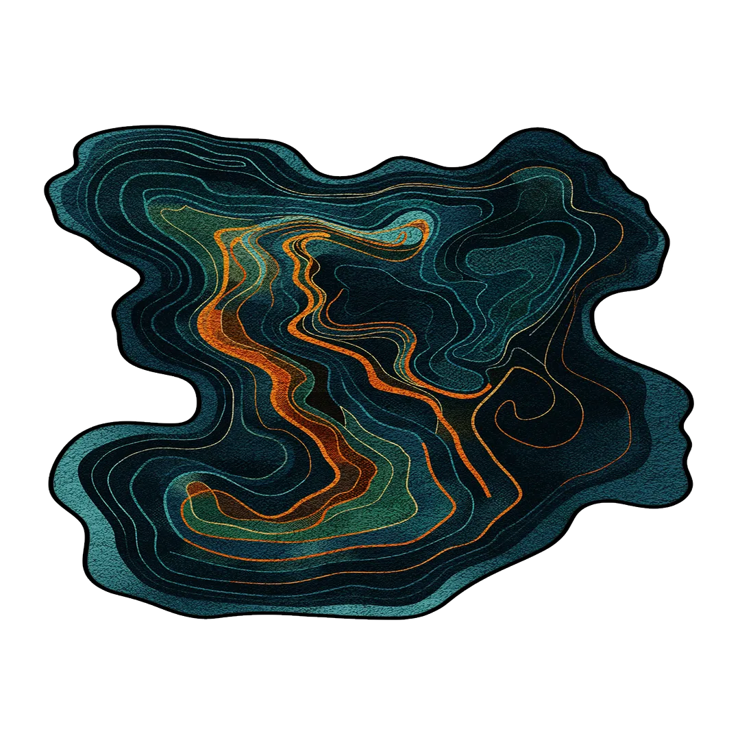 Chromatic irregular rug featuring abstract topographic lines in dark green shades with copper and teal highlights