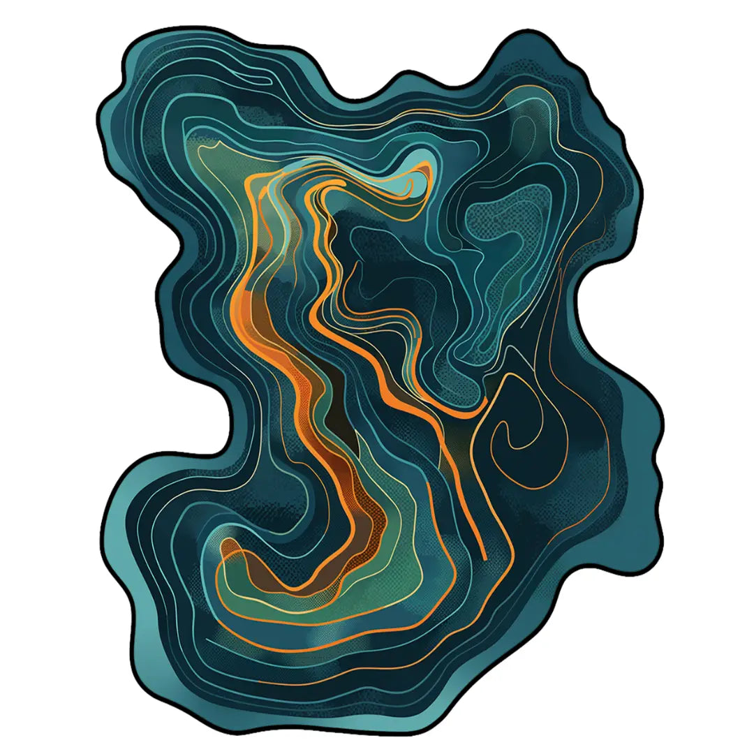 Chromatic irregular rug featuring abstract topographic lines in dark green shades with copper and teal highlights