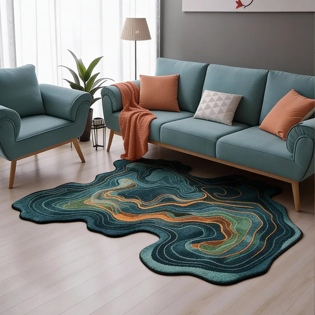 Chromatic irregular rug placed in a modern living room featuring deep green tones with flowing contour lines and warm copper accents