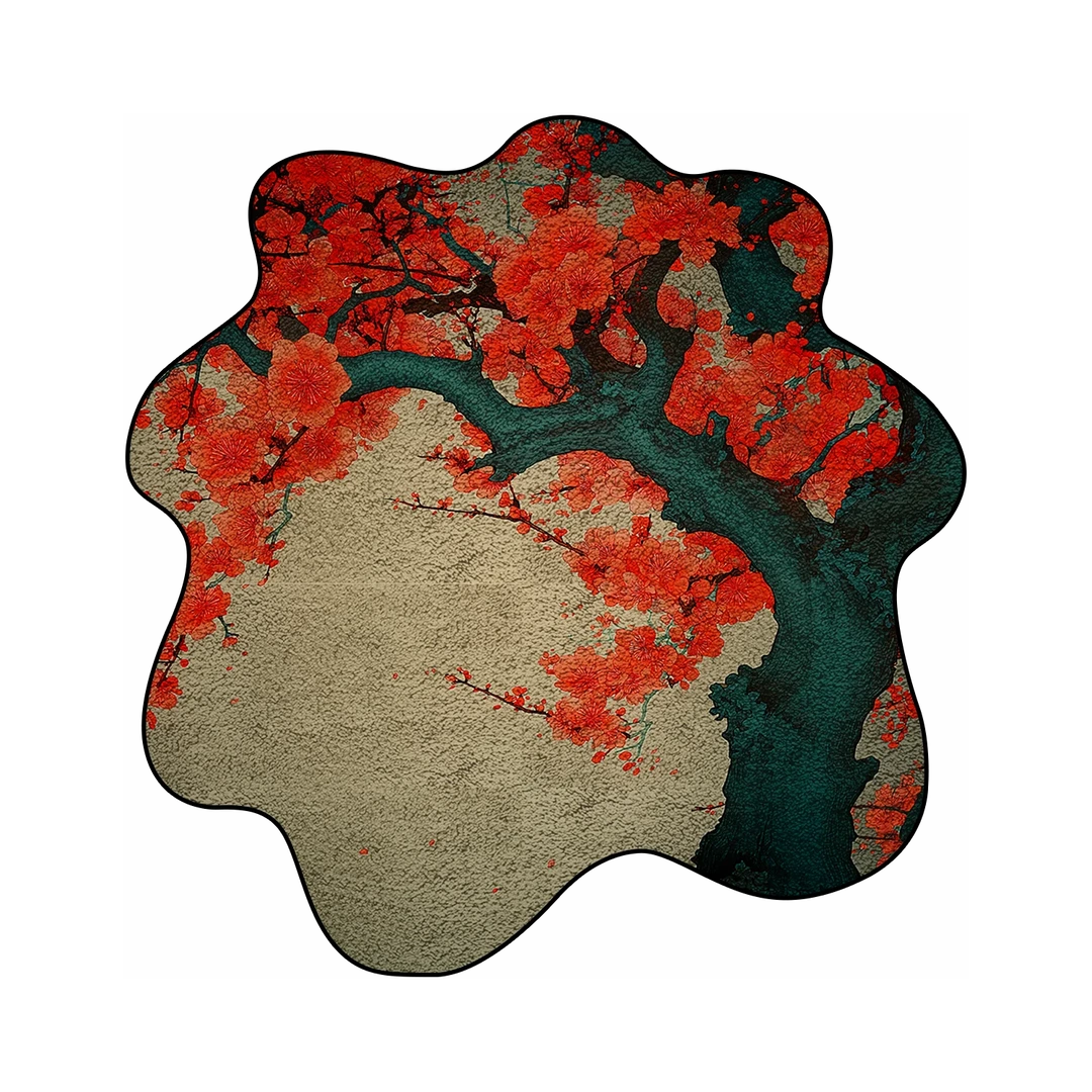 Crimson Quiet rug with deep red blossom branches and muted green tones on a textured surface