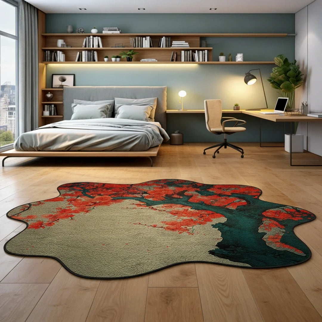 Crimson Quiet floral rug placed on a bedroom floor, adding warmth and contrast beneath a modern bed