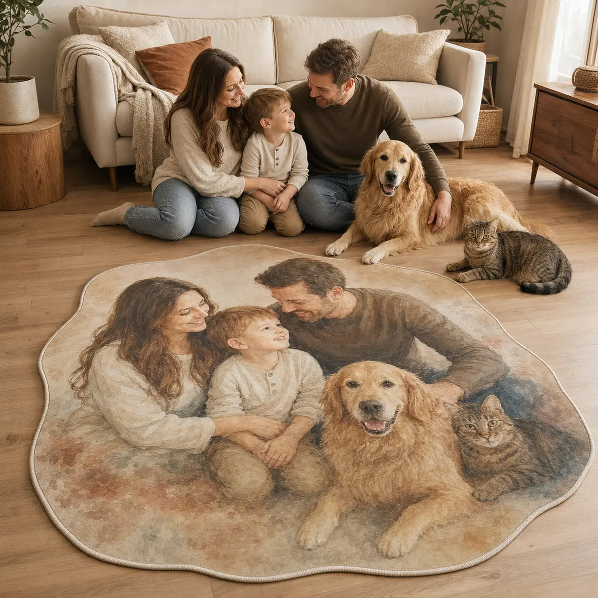Custom family and pet portrait rug featuring parents, child, golden retriever and tabby cat in a warm living room