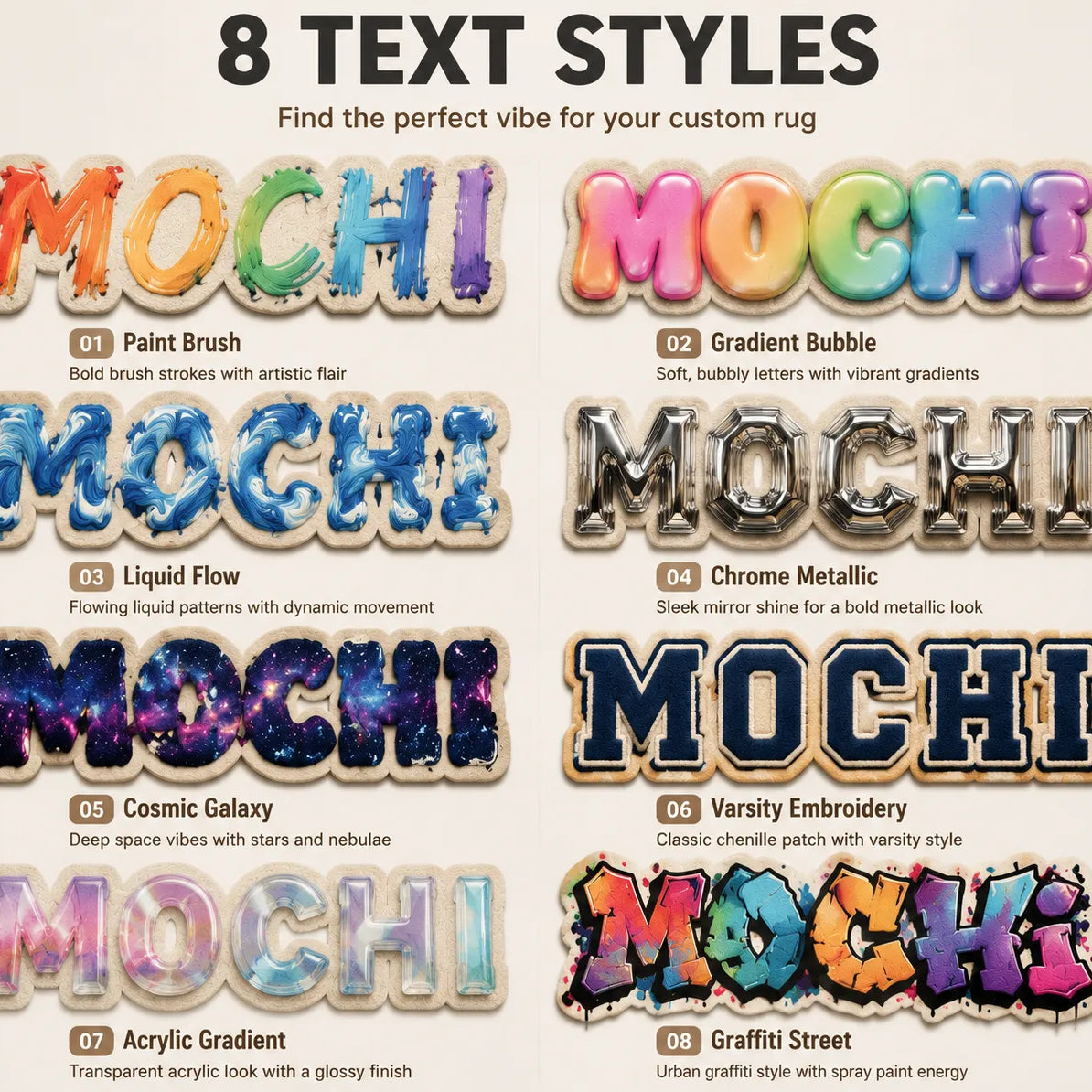 Comparison of 8 custom pet name text styles for personalized rugs, including Paint Brush, Gradient Bubble, Liquid Flow, Chrome Metallic, Cosmic Galaxy, Varsity Embroidery, Acrylic Gradient, and Graffiti Street.