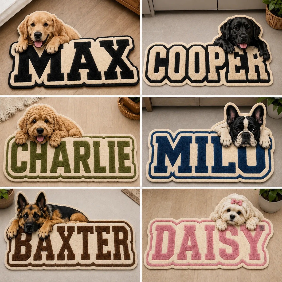 Custom pet name rug featuring a dog portrait resting on bold varsity-style lettering, shown in six personalized rug designs for Golden Retriever, Labrador, Goldendoodle, French Bulldog, German Shepherd, and Maltese. Made with soft faux cashmere and finished with a cream bound edge.