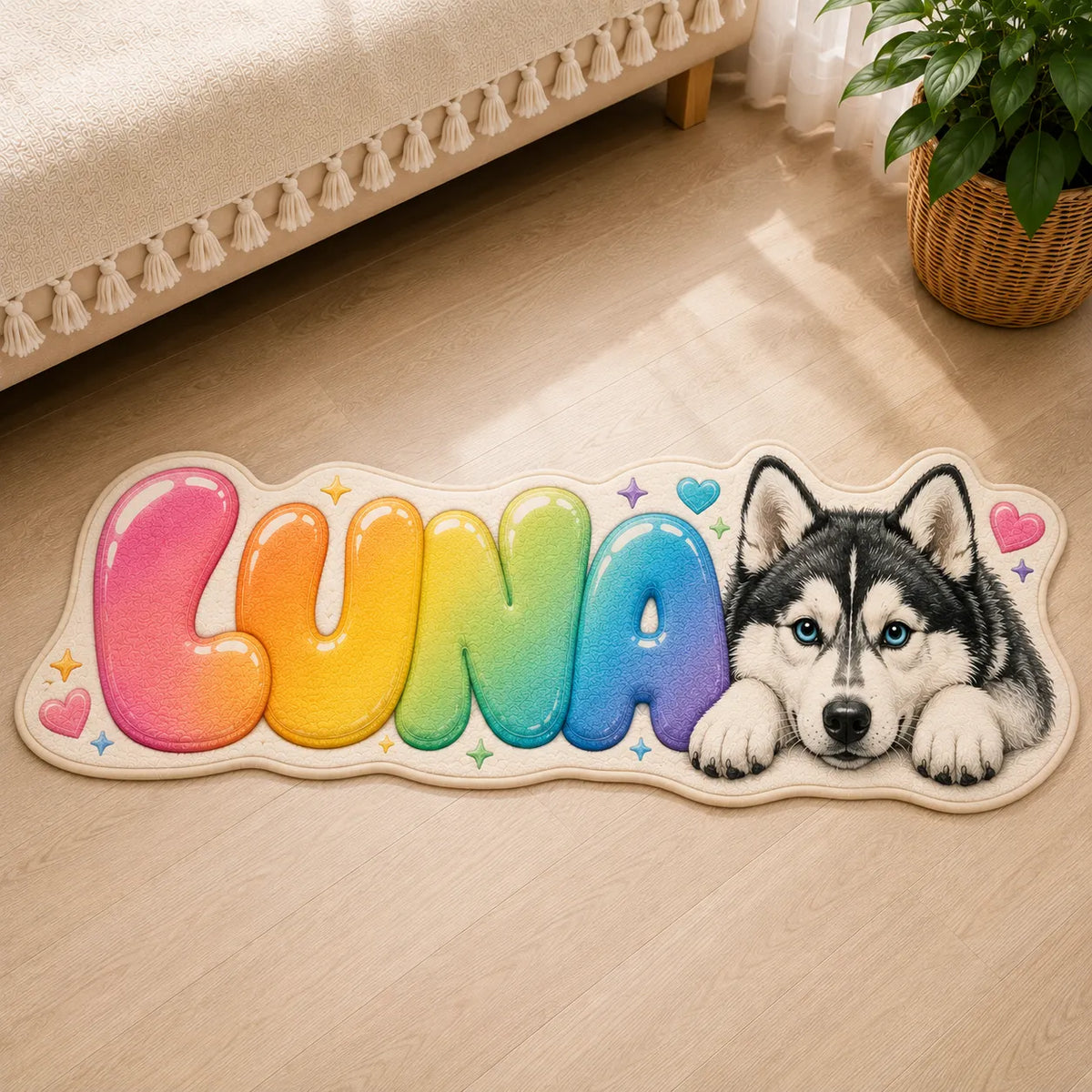 Personalized husky name rug featuring a blue-eyed Siberian Husky resting on rainbow gradient bubble letters spelling "LUNA," crafted from soft faux cashmere with a custom die-cut shape.