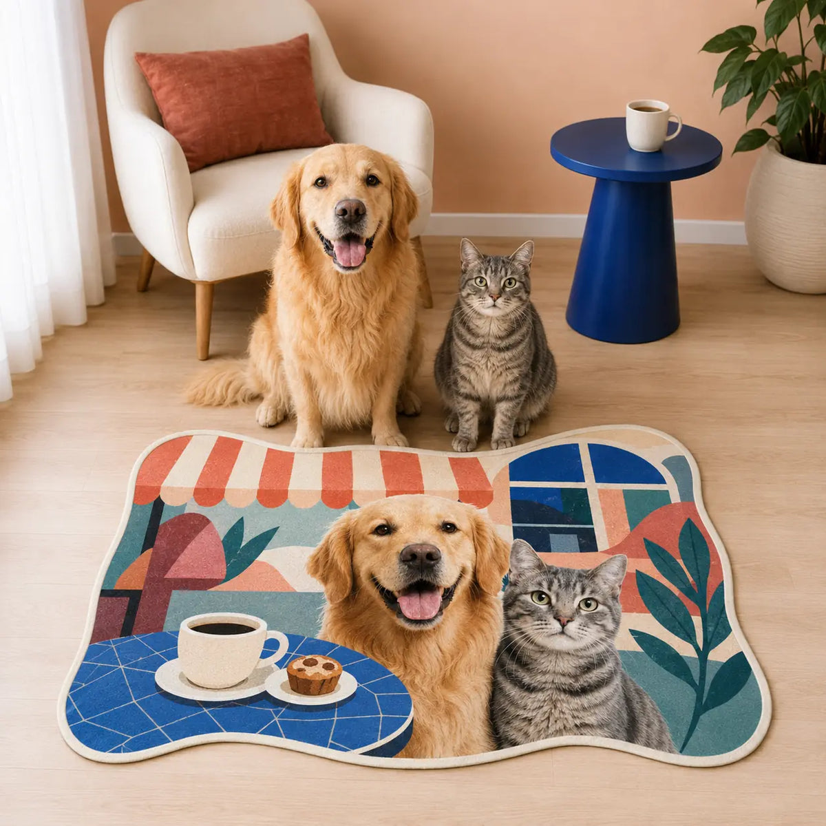 Golden retriever and gray tabby cat sitting behind a custom café-themed pet lifestyle rug
