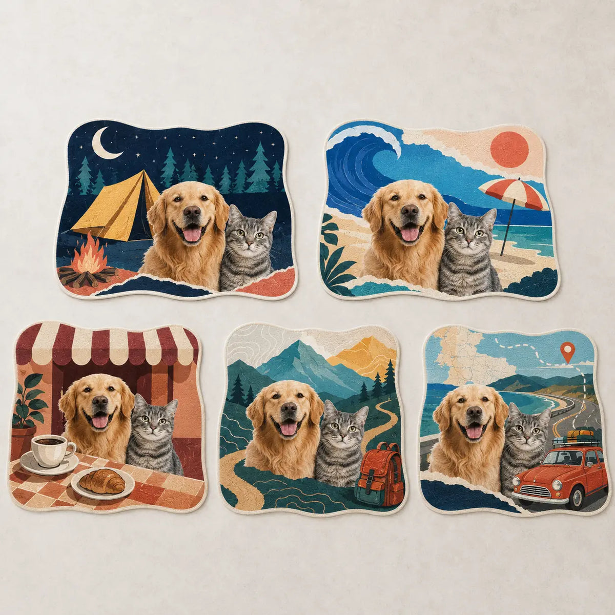 Five custom pet lifestyle rug styles featuring camping, beach, café, hiking and road trip themes