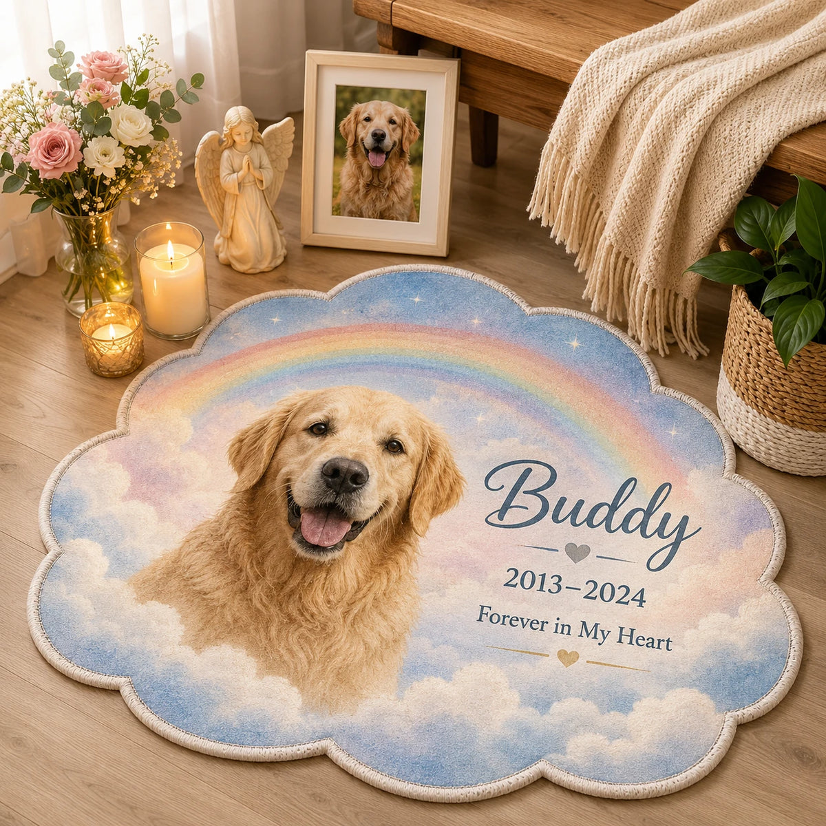 Custom Rainbow Bridge pet memorial rug with a golden retriever portrait in a warm home memorial corner