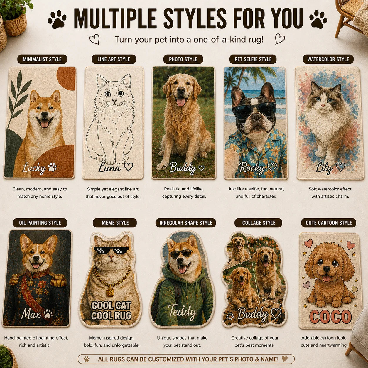 Custom pet rug style guide showcasing 10 personalized rug designs for dogs and cats, including photo rugs, pet selfie rugs, watercolor portraits, cartoon pet rugs, collage rugs, meme rugs, and unique shaped custom pet rugs.